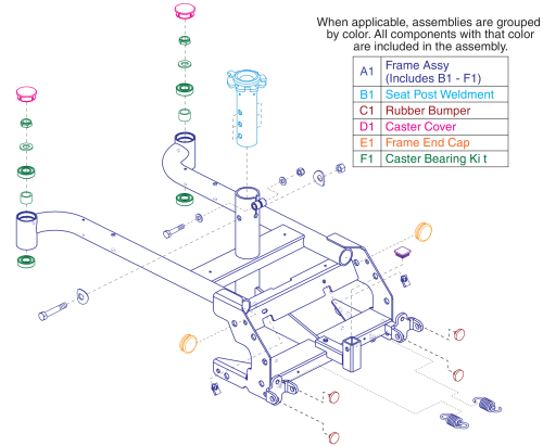 Main Frame, Seat Post, Caster Bearings / Covers, Jazzy Elite 6 parts diagram