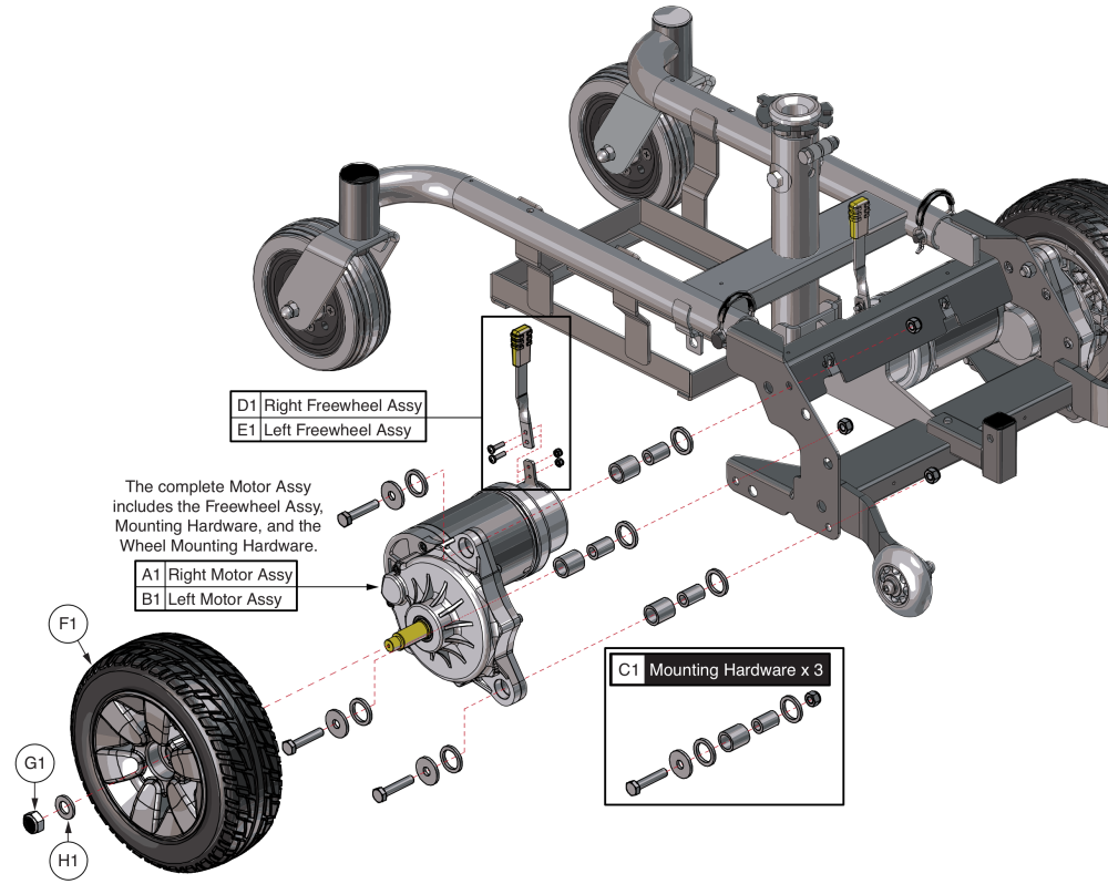 Gc3 Drive Motor & Flat-free Wheel Assy's, Elite Es / Sport Portable parts diagram