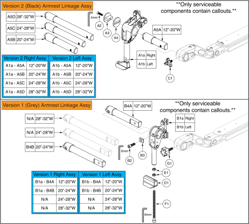 Standard V1 & V2 Tb3 Armrest, Width Linkage Assys parts diagram