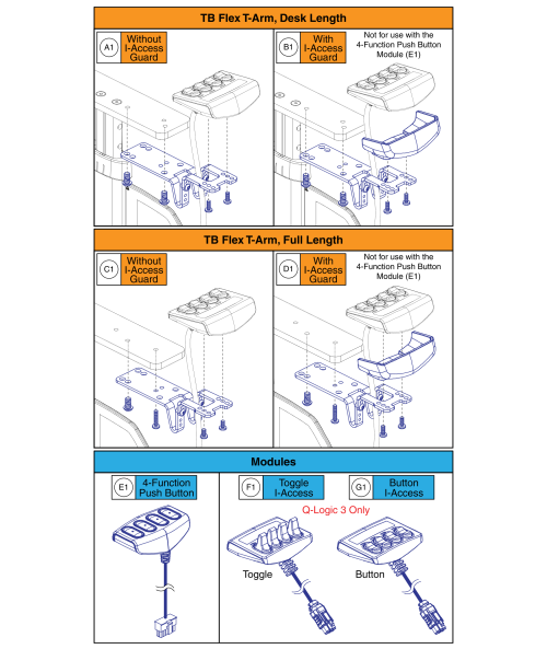 I-access & 4-function Mounts & Modules, Tbflex Arms parts diagram