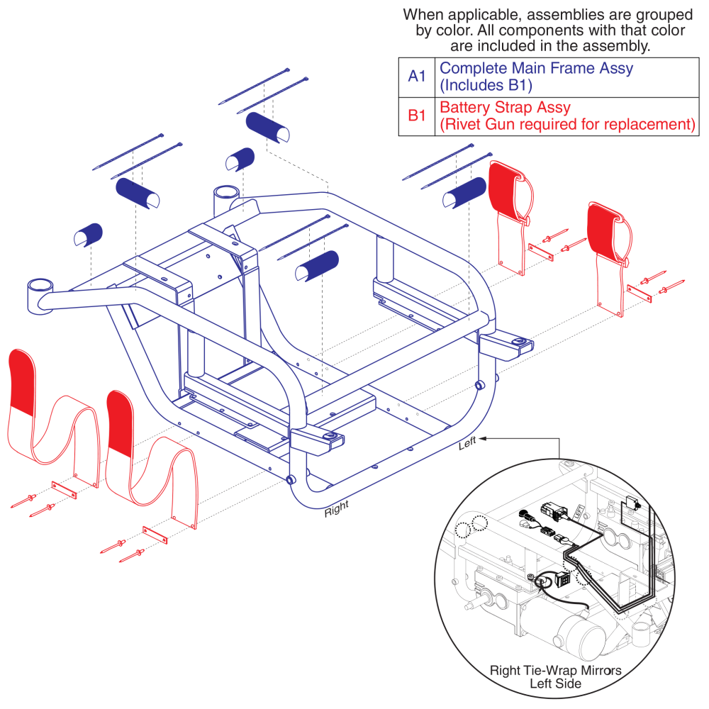 Main Frame And Battery Strap Assy, Jazzy Select 14 parts diagram