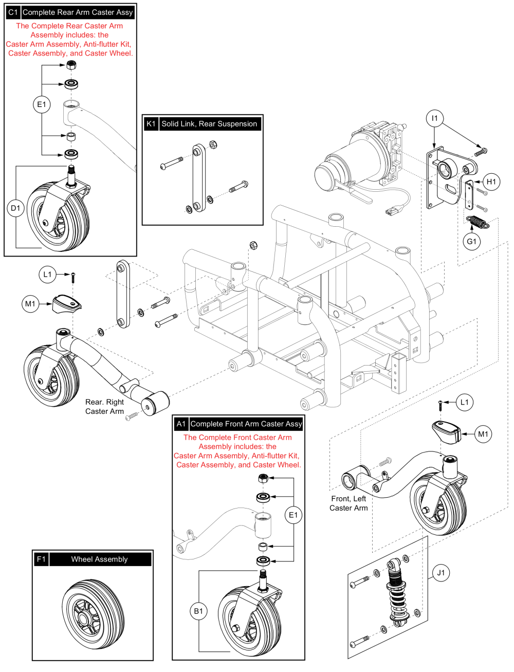 Caster Assy - Left Front, Right Rear, Jazzy 614 parts diagram