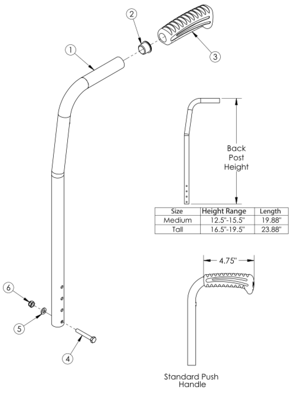 Catalyst 4 Standard Back Post (8° Bend With Push Handle) parts diagram