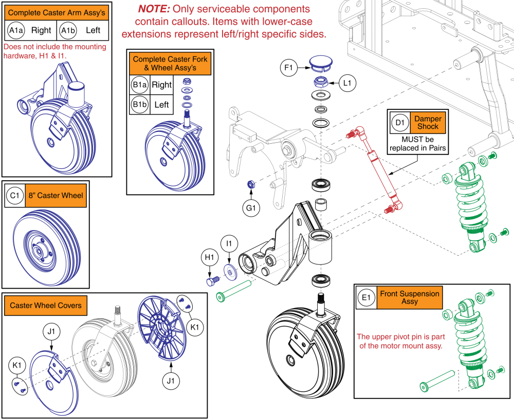 Front Caster Assy - 8” Casters, Q6 Edge 2.0 parts diagram