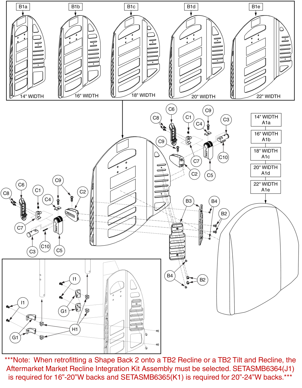 Synergy Shape 2 Back, Medium, 2-point Back Assembly parts diagram