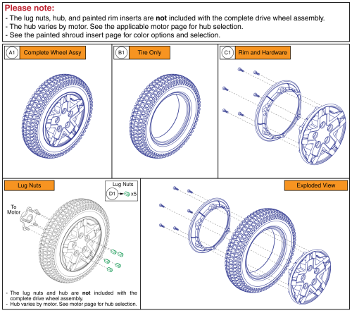 Flat-free Drive Wheel, 5-spoke, Black Rim / Black Tire parts diagram