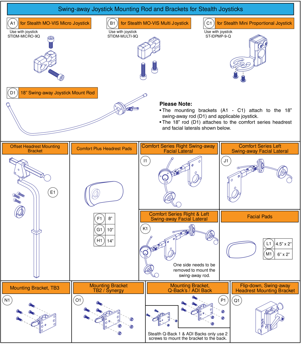 Swing-away Joystick Mount, Headrest Mounted, Stealth Proportional Joysticks parts diagram