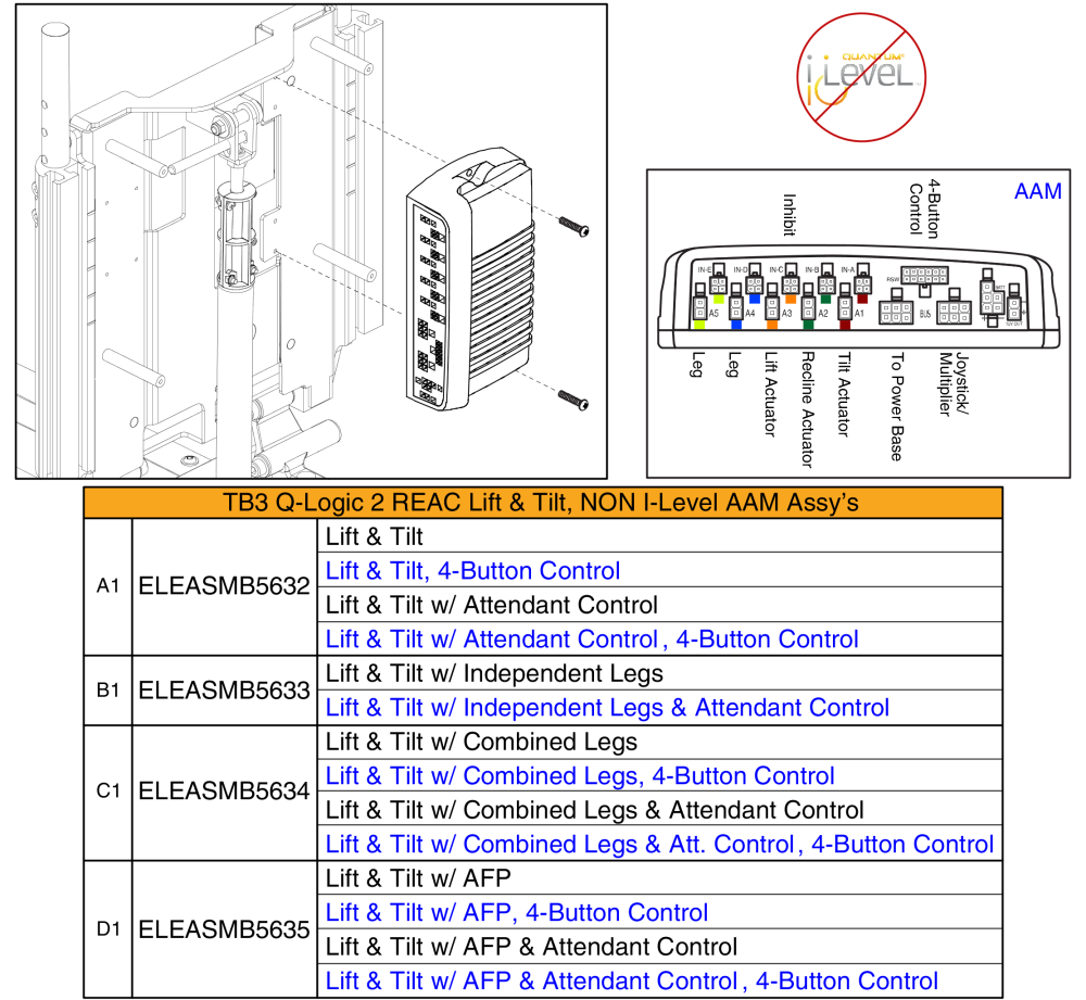 Lift & Tilt Aam Assy's, Q-logic 2 - Reac Lift / Non I-level parts diagram