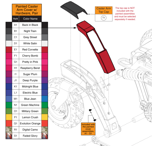 Painted Caster Arm Top Cover And Cap, 4front 2 parts diagram