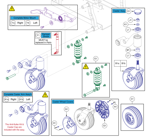 Front Caster Arm, Syspension, & Motor Mount Assy's, J4 Hd parts diagram