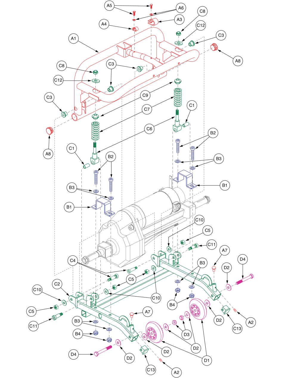 Celebrity X / X Le / Dx Rear Frame Assy W/ Springs, Anti-tips, & Transaxle Mount parts diagram