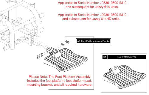 Foot Platform Assy - Gen.1.  S/n J9836108001m10 And Sub For J614 Units.  S/n J9936108001m10 And Sub For J614hd Units.jazzy 614 Series parts diagram