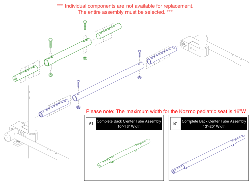 Back Center Tube, Flip-up Arms - Kozmo Pediatric Seat parts diagram