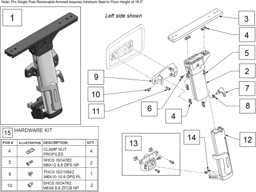 Pro Single Post Removable Armrest parts diagram