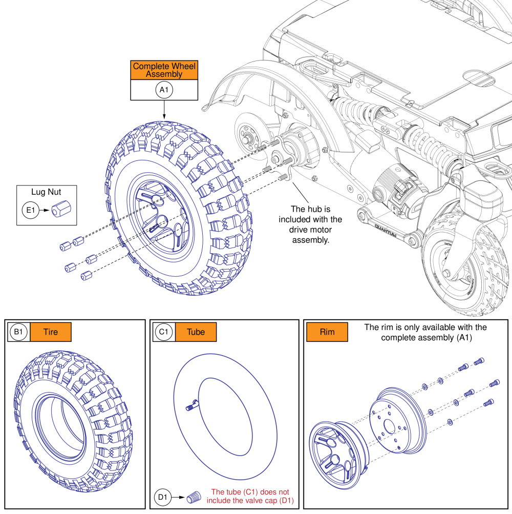 14x4 Pneumatic Drive Wheel, Black Rim/black Tire, R-trak parts diagram