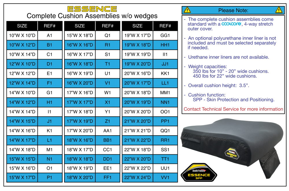 Complete Cushion (no Wedge) W/ 4-way Stretch (coolcore) Cover - Stealth Essence parts diagram