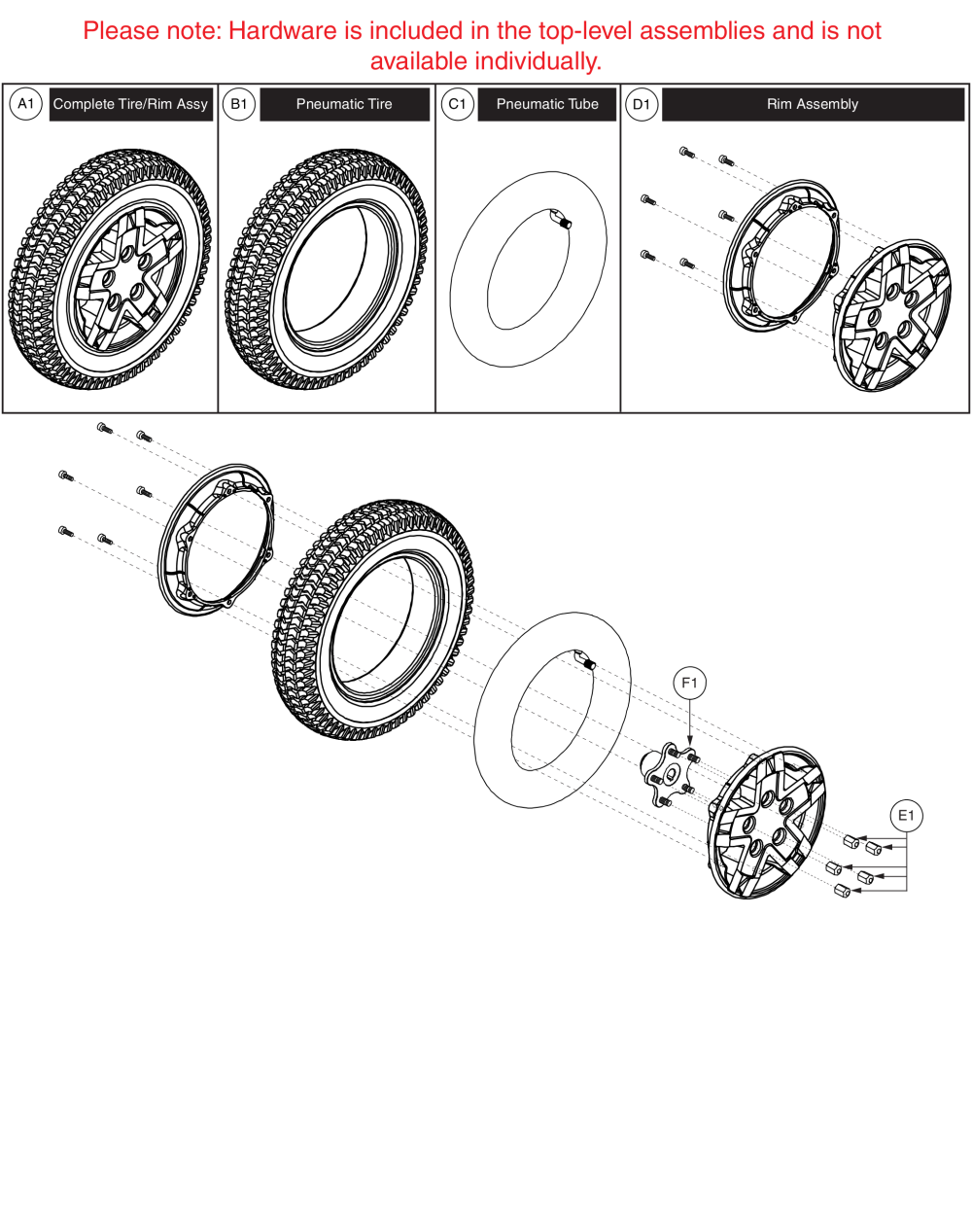 Drive Wheel - Pneumatic, 5 Spoke Silver Rim/gray Tire (no Color Inserts) parts diagram