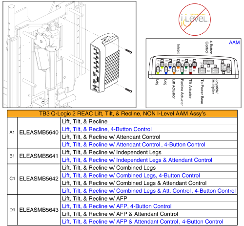 Lift, Tilt, & Recline Aam Assy's, Q-logic 2 - Reac Lift / Non I-level parts diagram