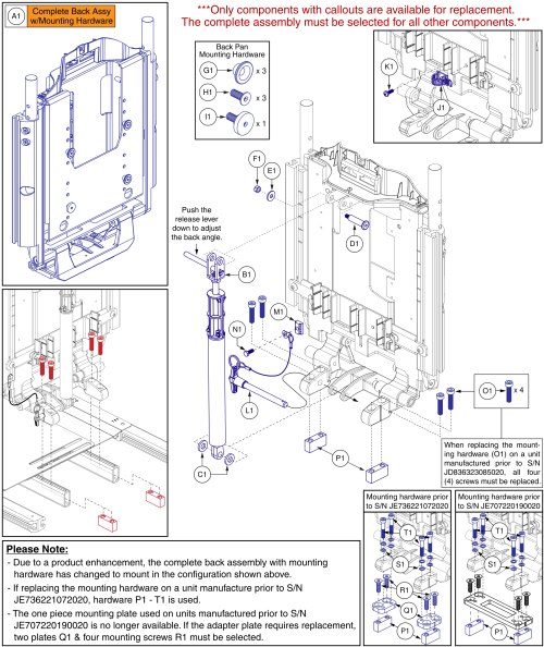 Flip Forward Back Assy, Static Base, Tb3 Redesigned Back parts diagram