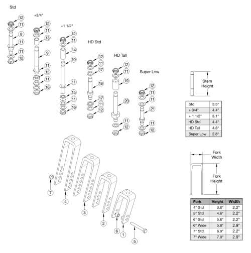 Catalyst E Caster Forks And Stems parts diagram