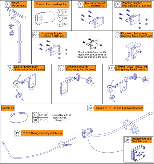 Stealth Offset Headrest Brackets, Pads, Laterals, And Mounts parts diagram