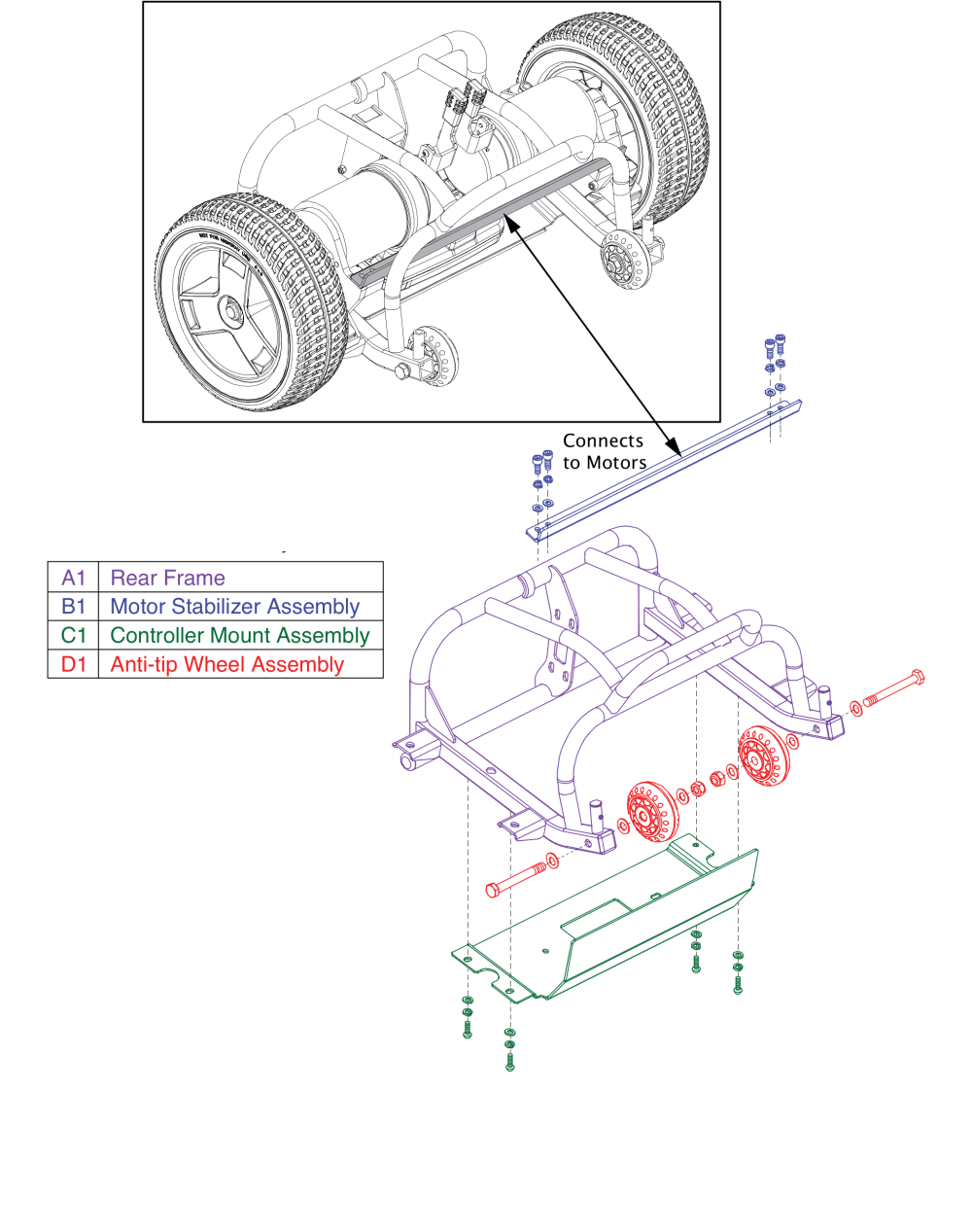 Rear Frame, Motor Stabilizer & Anti- Tip Wheel, Go-chair 2016 parts diagram